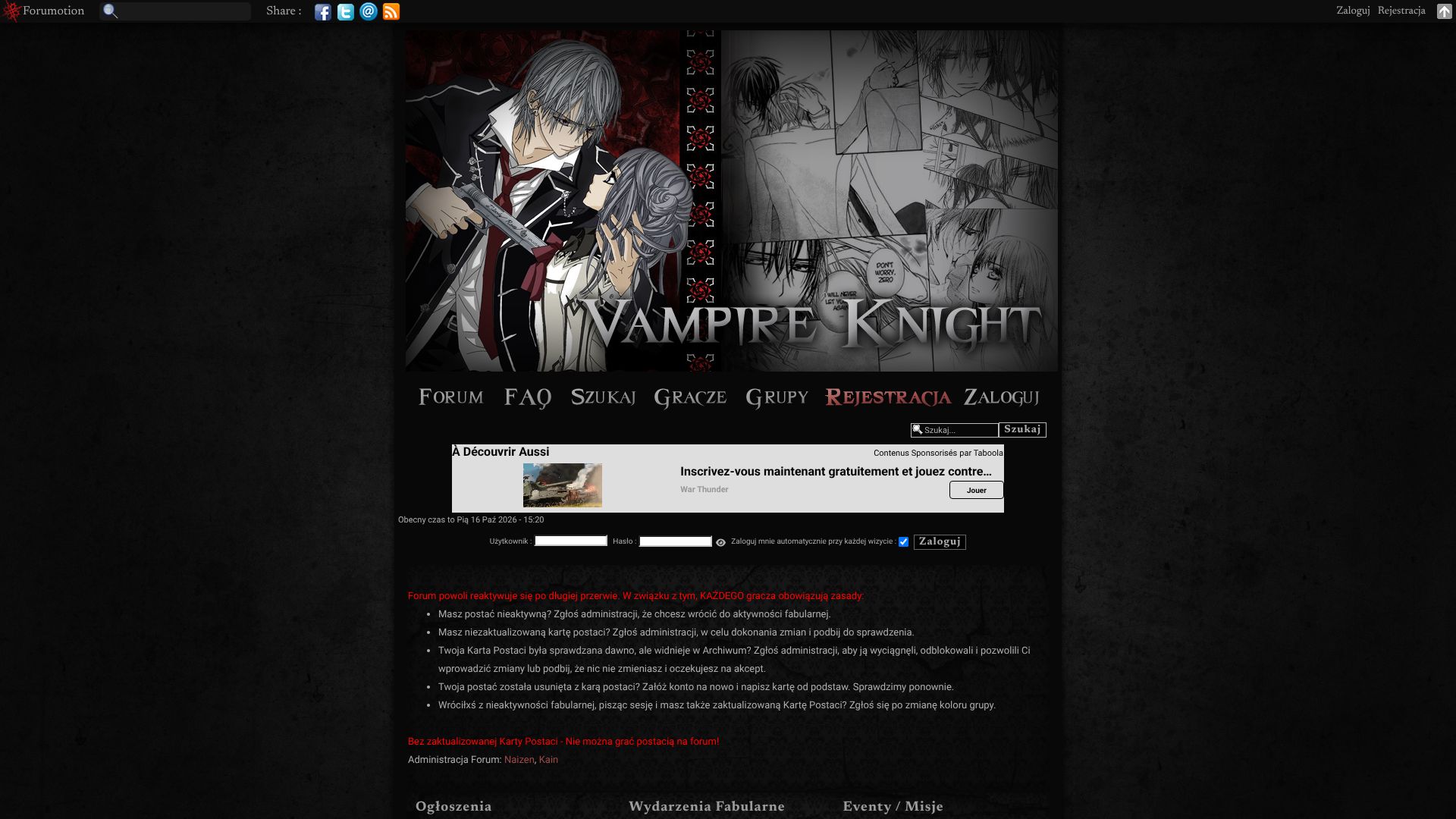 Zrzut ekranu strony Vampire Knight
